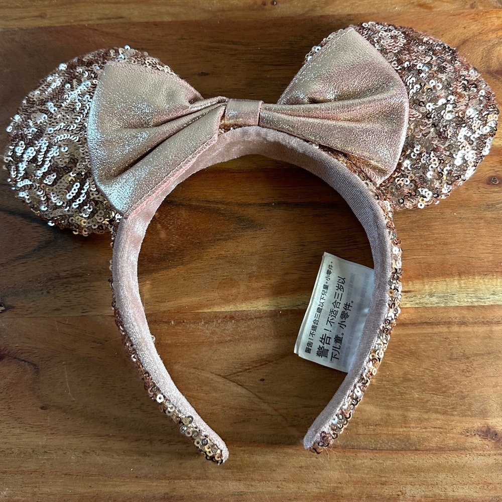 Rose Gold Minnie Mouse Adult Sequin Ears with Bow Disney Official